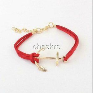 Suede Nautical Anchor Bracelet Island Ship Boat Leather Adjustable Gold Red